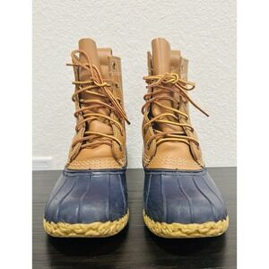 L.L. Bean Duck Boots Unlined Tan Leather Blue Rubber "Bean Boots" Size 6M